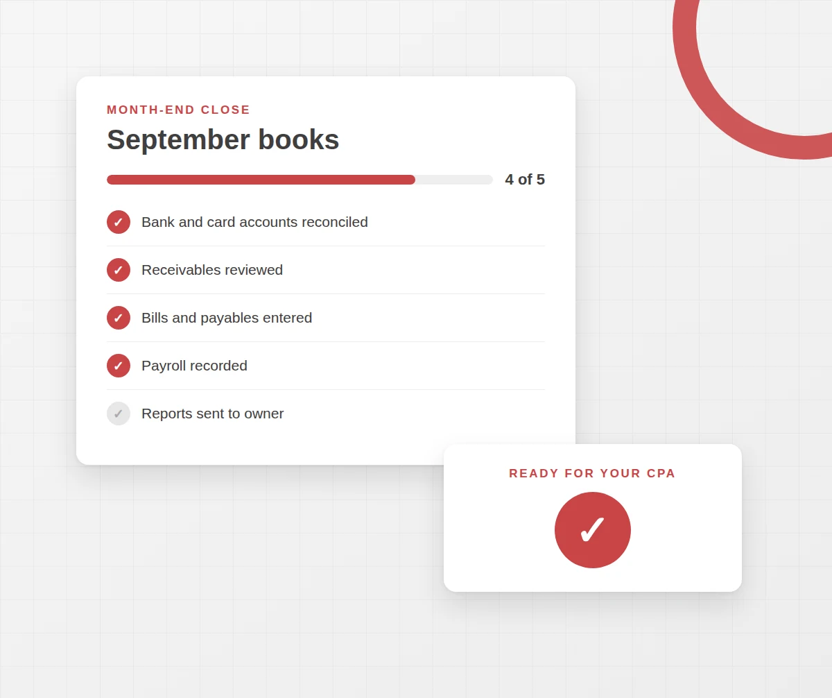 Month-end close checklist for a small business, with books ready for the CPA